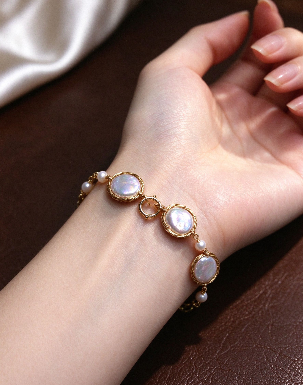 White Button Freshwater Pearl Bracelet, Approx. 14 mm